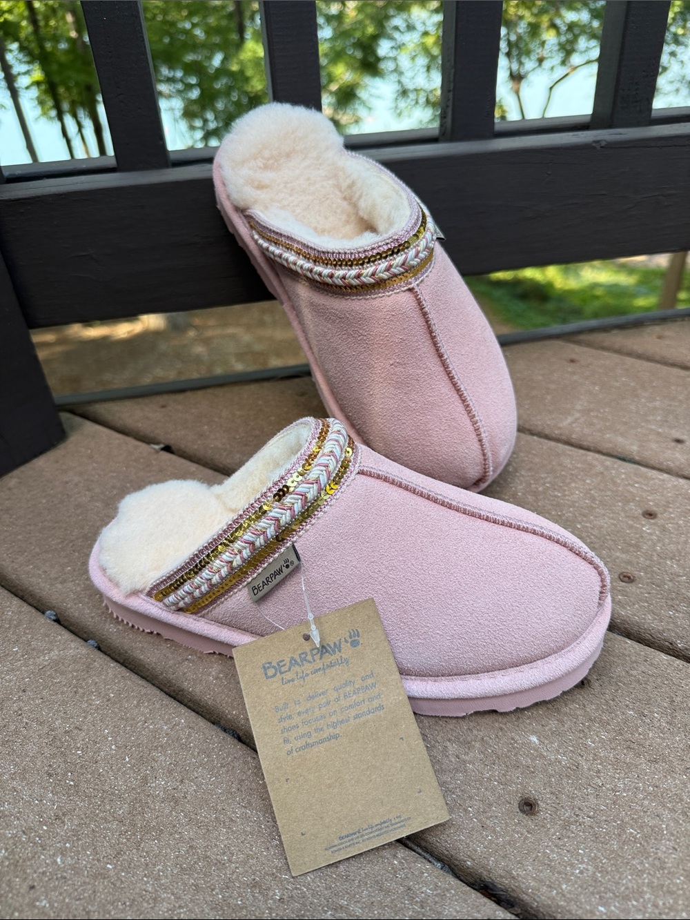 BearPaw Women's Pink Suede Shearling Slip-On Mules